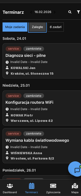 Terminarz zadań serwisowych z filtrami