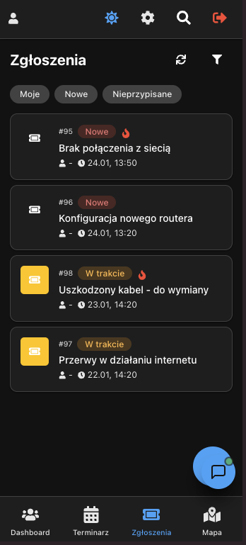 Lista zgłoszeń z priorytetami i statusami
